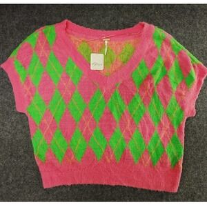 New Free People‎ Sweater Womens Pink Argyle Through The Motions Vest XS NWT